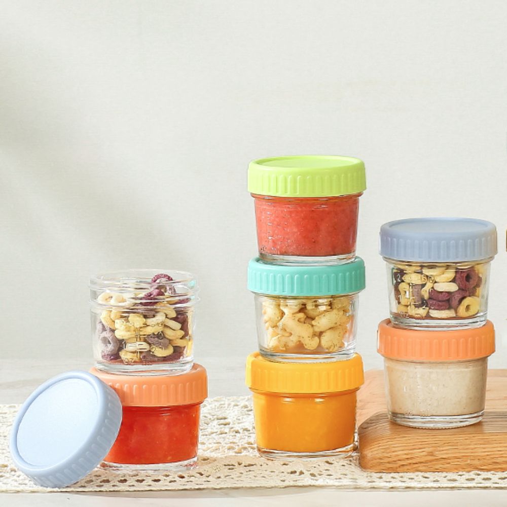 Baby Food Jars With Lids - 6個入りガラス製ベビーフードジャー、再利用可能、蓋付き、計量カップ付き、漏れ防止、サラダドレッシング容器、スパイス容器